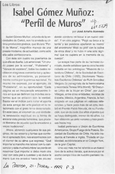 Isabel Gómez Muñoz, "Perfil de muros"  [artículo] Josá Arraño Acevedo.