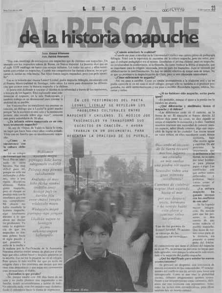 Al rescate de la historia mapuche  [artículo] Ximena Villanueva.
