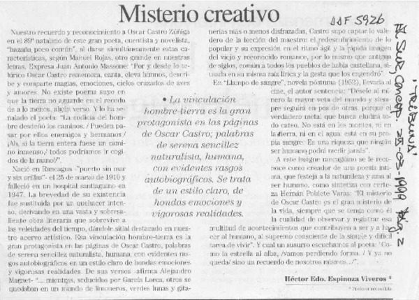Misterio Creativo  [artículo] Héctor Edo. Espinoza Viveros.