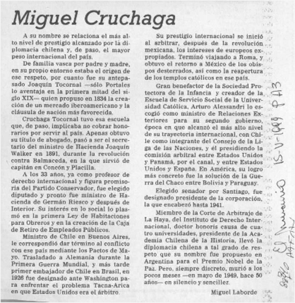 Miguel Cruchaga  [artículo] Miguel Laborde.