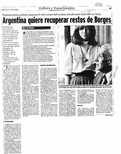 Argentina quiere recuperar restos de Borges  [artículo] Rodolfo Arenas.