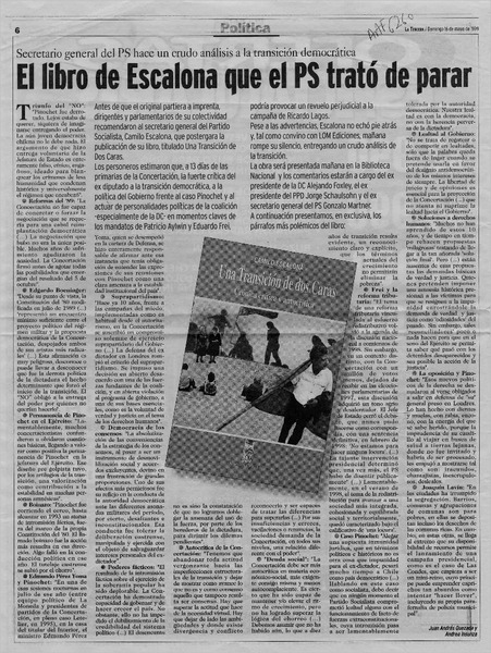 El libro de Escalona que el PS trató de parar  [artículo] Juan Adnrés Quezada [y] Andrea Insunza.