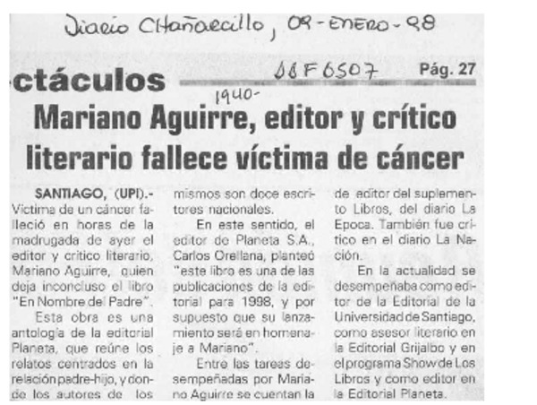 Mariano Aguirre, editor y crítico literario fallece víctima de cáncer  [artículo].