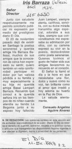 Iris Barraza  [artículo] Consuelo Angelina Aguirre Alvarez.