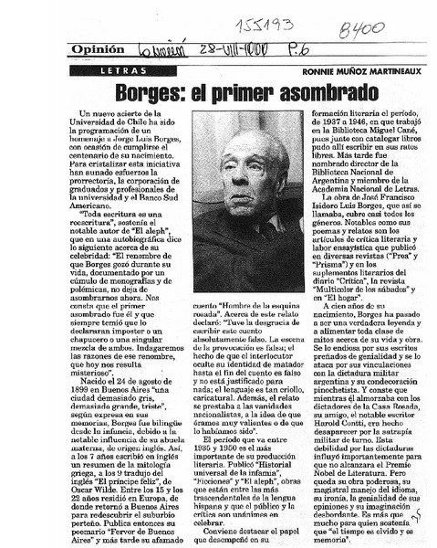 Borges, el primer asombrado  [artículo] Ronnie Muñoz Martineaux.