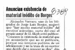 Anuncian existencia de material inédito de Borges  [artículo].