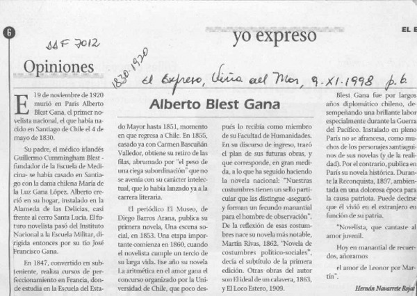 Alberto Blest Gana  [artículo] Hernán Navarrete Rojas.