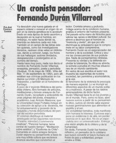 Un cronista pensador, Fernando Durán Villarreal  [artículo] José Francisco Carrión.