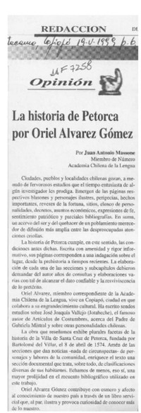 La historia de Petorca por Oriel Alvarez Gómez  [artículo] Juan Antonio Massone.