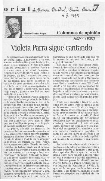 Violeta Parra sigue cantando  [artículo] Marino Muñoz Lagos.
