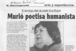 Murió poetisa humanista  [artículo] Guillermo Chávez.
