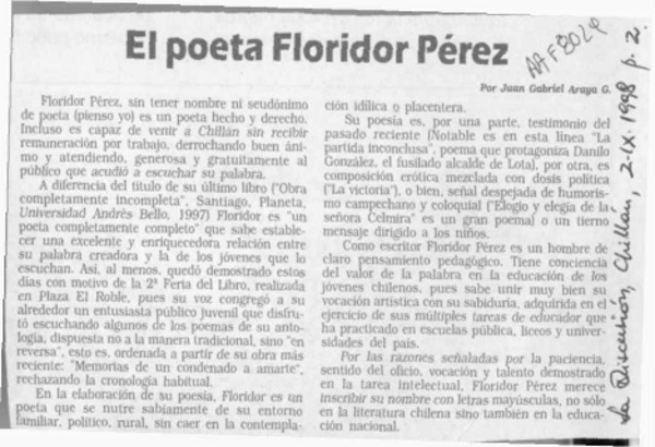 El Poeta Floridor Pérez  [artículo] Juan Gabriel Araya G.