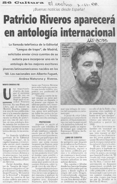 Patricio Riveros aparecerá en antología internacional  [artículo] Mario Córdova Fré.
