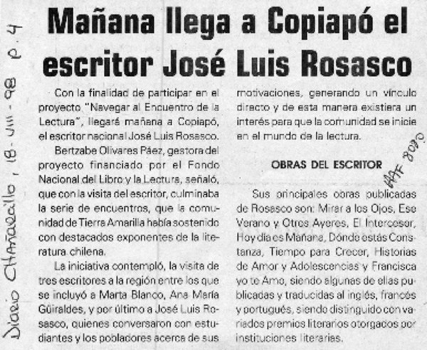 Mañana llega a Copiapó el escritor José Luis Rosasco  [artículo].