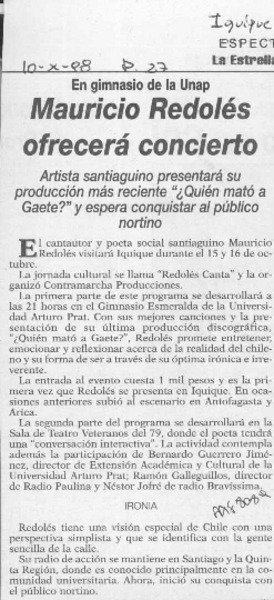 Mauricio Redolés ofrecerá concierto  [artículo].