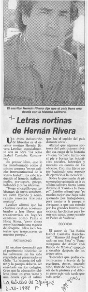 Letra nortinas de Hernán Rivera  [artículo].