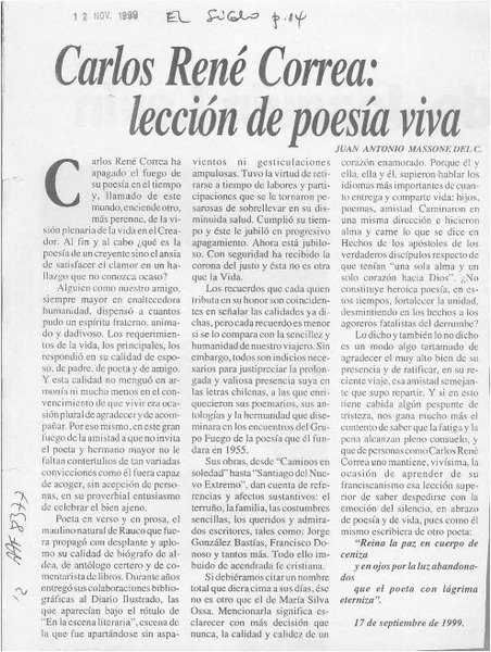 Carlos René Correa, lección de poesía viva  [artículo] Juan Antonio Massone.