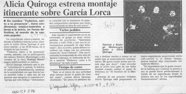 Alicia Quiroga estrena montaje itinerante sobre García Lorca  [artículo].