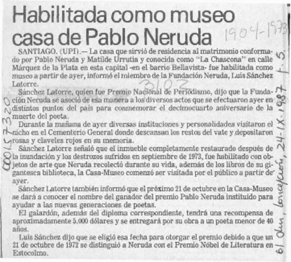 Habilitada como museo casa de Pablo Neruda  [artículo].