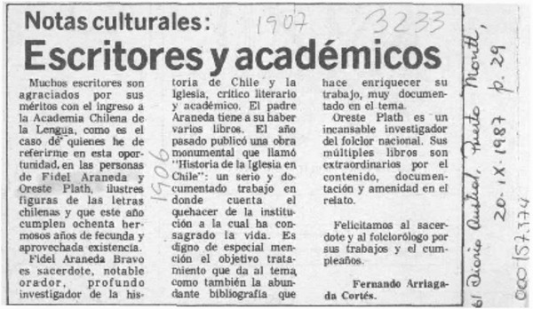 Escritores y académicos  [artículo] Fernando Arriagada Cortés.