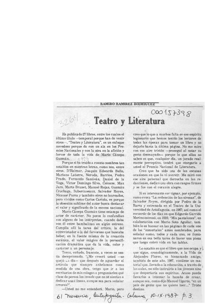 Teatro y literatura  [artículo] Ramiro Ramírez Rodríguez.