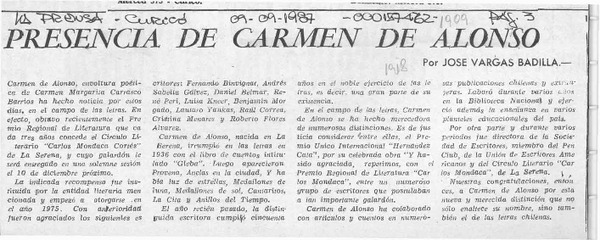 Presencia de Carmen de Alonso  [artículo] José Vargas Badilla.