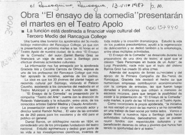 Obra "El ensayo de la comedia" presentarán el martes en el Teatro Apolo  [artículo].