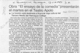Obra "El ensayo de la comedia" presentarán el martes en el Teatro Apolo  [artículo].