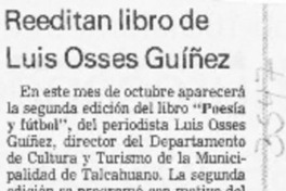 Reeditan libro de Luis Osses Guíñez  [artículo].