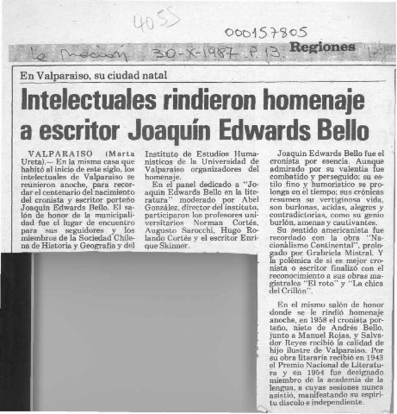 Intelectuales rindieron homenaje a escritor Joaquín Edwards Bello  [artículo] Marta Ureta.