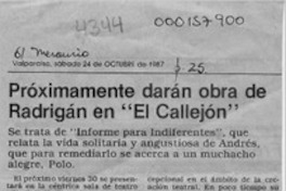 Próximamente darán obra de Radrigán en "El Callejón"  [artículo].
