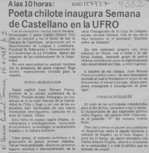 Poeta chilote inaugura semana de castellano en la UFRO  [artículo].