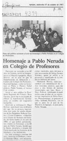 Homenaje a Pablo Neruda en Colegio de Profesores  [artículo].