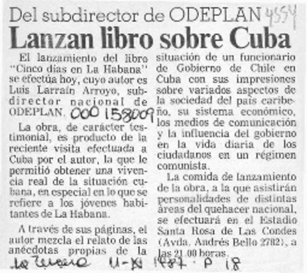 Lanzan libro sobre Cuba  [artículo].