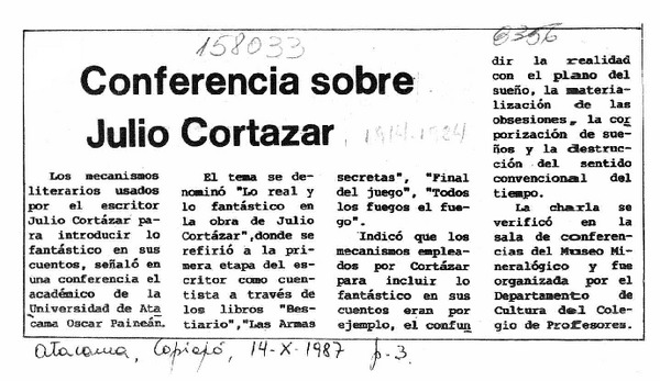 Conferencia sobre Julio Cortázar  [artículo].