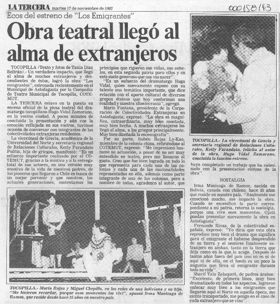 Obra teatral llegó al alma de extranjeros  [artículo] Tania Díaz Beltrán.