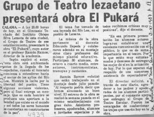 Grupo de teatro lezaetano presentará obra "El Pukará"  [artículo].