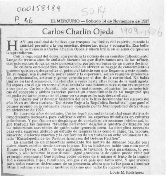 Carlos Charlín Ojeda  [artículo] Louis M. Rodríguez.