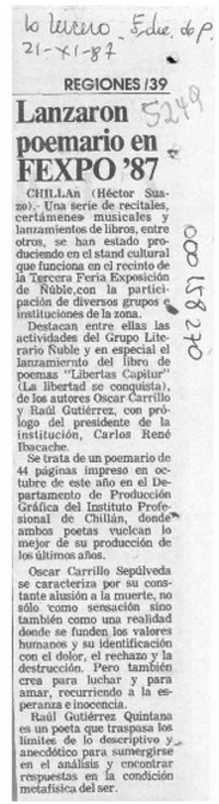 Lanzaron poemario en FEXPO '87  [artículo] Héctor Suazo.