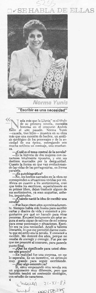 Norma Yunis, "Escribir es una necesidad"  [artículo].