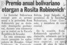 Premio anual bolivariano otorgan a Rosita Robinovich  [artículo].