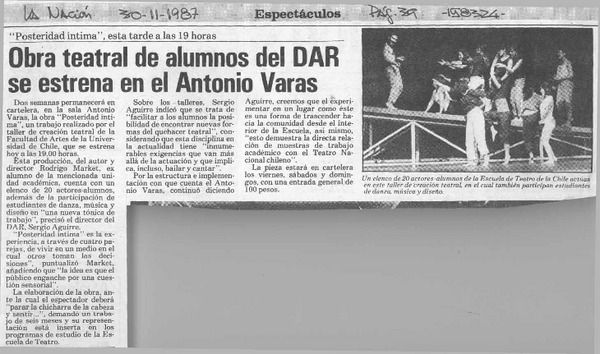 Obra teatral de alumnos del DAR se estrena en el Antonio Varas  [artículo].
