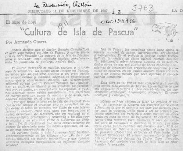 "Cultura de Isla de Pascua"  [artículo] Armando Guerra.