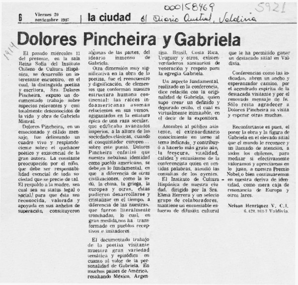 Dolores Pincheira y Gabriela  [artículo] Nelson Henríquez V.