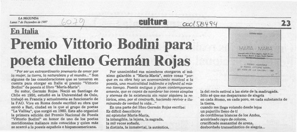 Premio Vittorio Bodini para poeta chileno Germán Rojas  [artículo].