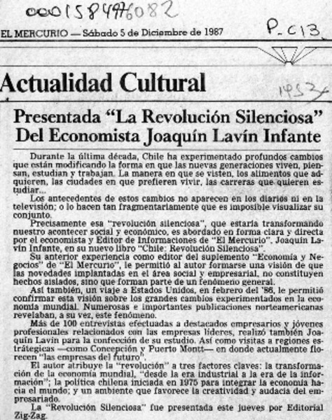 Presentada "La revolución silenciosa" del economista Joaquín Lavín Infante  [artículo].