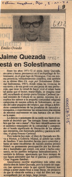 Jaime Quezada está en Solentiname  [artículo] Emilio Oviedo.