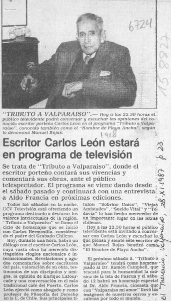 Escritor Carlos León estará en programa de televisión  [artículo].