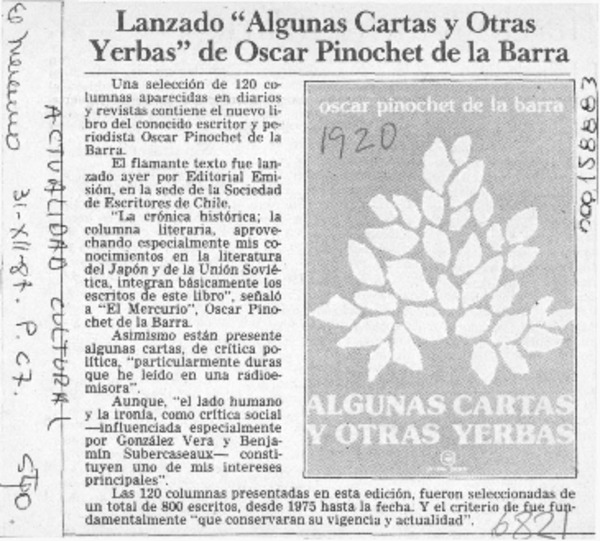 Lanzado "Algunas cartas y otras yerbas" de Oscar Pinochet de la Barra  [artículo].