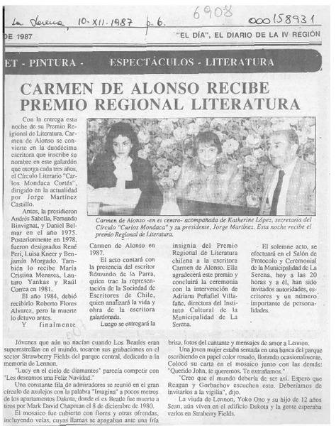 Carmen de Alonso recibe premio regional de literatura  [artículo].